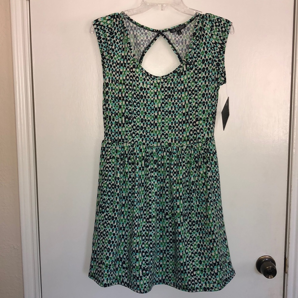 Green/black/aqua/white patterned dress